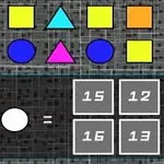 Fargede geometriske former som kvadrater, trekanter og sirkler, med en enkel matematisk ligning mellom to former og svaralternativer ved siden av