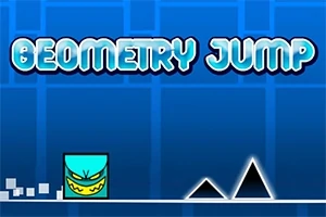 Blå bakgrunn med teksten Geometry Jump, en animert firkant med et ansikt, og to trekantede hindringer