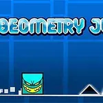 Blå bakgrunn med teksten Geometry Jump, en animert firkant med et ansikt, og to trekantede hindringer