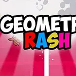 Teksten Geometry Rash står med fet, flerfarget skrift mot en bakgrunn av røde og hvite striper