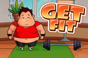 En tegnet figur i treningsklær står på en grønn matte ved siden av en vektstang, med teksten Get Fit i bakgrunnen