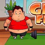 En tegnet figur i treningsklær står på en grønn matte ved siden av en vektstang, med teksten Get Fit i bakgrunnen