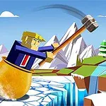 En tegneseriefigur i en gryte bruker en stor hammer for å bevege seg over en islagt landskap med fjell i bakgrunnen