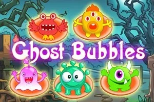 Fargerike tegneserieaktige monstre med teksten Ghost Bubbles i et mystisk skogsmiljø
