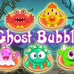 Fargerike tegneserieaktige monstre med teksten Ghost Bubbles i et mystisk skogsmiljø