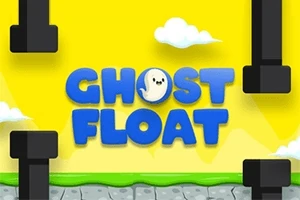 Tittelen Ghost Float med et lite spøkelse i bokstavene, omgitt av svarte rør mot en gul bakgrunn med skyer