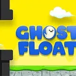 Tittelen Ghost Float med et lite spøkelse i bokstavene, omgitt av svarte rør mot en gul bakgrunn med skyer