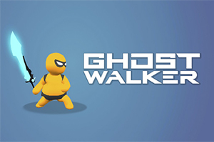 Gul figur med maske og blått sverd ved siden av teksten Ghost Walker på blå bakgrunn