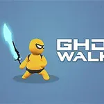 Gul figur med maske og blått sverd ved siden av teksten Ghost Walker på blå bakgrunn