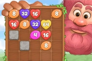 Et brettspill med fargerike hjerteformede brikker med tall, en hånd som beveger brikkene, og et ansikt med rosa hår og skjegg som ser på spillet