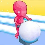 En rød figur skyver en stor snøball på en snødekket vei under en gul himmel