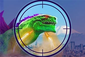 En gigantisk, grønn dinosaur med røde øyne og lilla detaljer blir siktet på i et kikkertsikte, med en by og et fjell i bakgrunnen