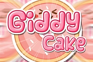 Rosa og hvit tekst Giddy Cake med en bakgrunn av en animerert kake