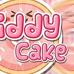 Rosa og hvit tekst Giddy Cake med en bakgrunn av en animerert kake