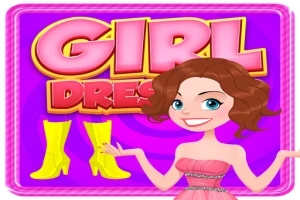 Tegneseriefigur med brunt hår i rosa kjole står foran lilla bakgrunn med teksten Girl Dress og to gule støvletter