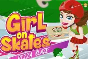 Tegneseriefigur med rulleskøyter og pizzaeske, iført rød hjelm, foran fargerik tekst