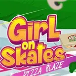 Tegneseriefigur med rulleskøyter og pizzaeske, iført rød hjelm, foran fargerik tekst