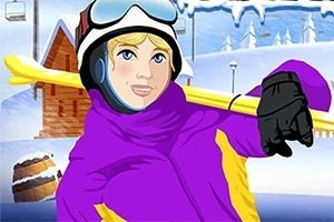 Tegnet person i lilla og gul skidestinasjon, med ski over skulderen, i et vinterlandskap med hytte, trær og skiheis i bakgrunnen