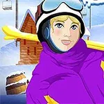 Tegnet person i lilla og gul skidestinasjon, med ski over skulderen, i et vinterlandskap med hytte, trær og skiheis i bakgrunnen