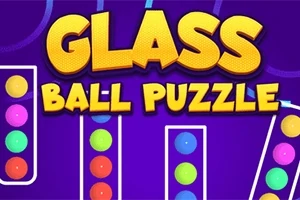 Fargerike baller stablet i glassrør med teksten Glass Ball Puzzle i gule bokstaver på lilla bakgrunn