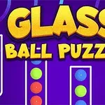 Fargerike baller stablet i glassrør med teksten Glass Ball Puzzle i gule bokstaver på lilla bakgrunn
