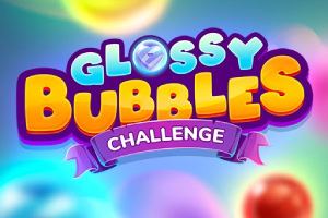 Fargerik logo med teksten Glossy Bubbles Challenge mot en bakgrunn av diffuse fargerike bobler