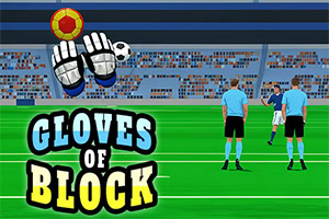 En illustrasjon av en fotballbane med to dommere i blå skjorter, en spiller i bakgrunnen, og en tegning av keeperhansker med en fotball og en stjerne over teksten Gloves of Block