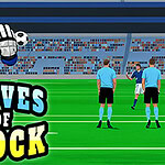 En illustrasjon av en fotballbane med to dommere i blå skjorter, en spiller i bakgrunnen, og en tegning av keeperhansker med en fotball og en stjerne over teksten Gloves of Block