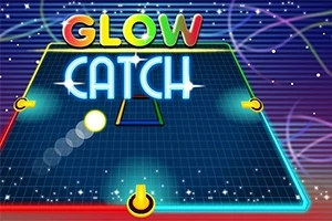 Fargerik digital skjerm med teksten Glow Catch og neonlinjer mot et stjernemønstret bakgrunn