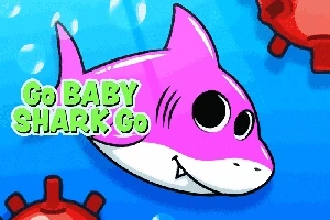 Rosa babyhai med store øyne svømmer under vann nær røde miner, med teksten Go BABY SHARK Go skrevet i grønt