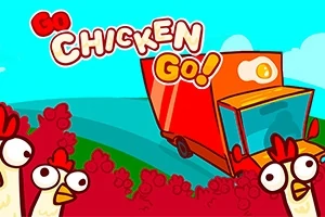 Røde og hvite høner i forgrunnen med en stor rød lastebil og teksten Go Chicken Go i bakgrunnen