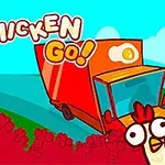 Røde og hvite høner i forgrunnen med en stor rød lastebil og teksten Go Chicken Go i bakgrunnen