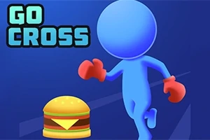Blå, rund figur med røde hansker løper mot en hamburger på en blå bakgrunn med teksten GO CROSS