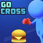 Blå, rund figur med røde hansker løper mot en hamburger på en blå bakgrunn med teksten GO CROSS