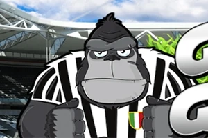 En tegnet gorilla iført en svart-hvit stripete drakt med en fotballstadion i bakgrunnen