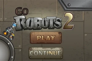Tittelbilde med teksten Go Robots 2 og knappene Play og Continue på en metallisk bakgrunn