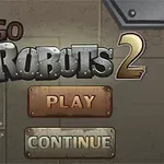 Tittelbilde med teksten Go Robots 2 og knappene Play og Continue på en metallisk bakgrunn
