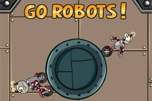 To roboter med hjul navigerer på metalliske flater med teksten GO ROBOTS!
