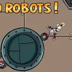 To roboter med hjul navigerer på metalliske flater med teksten GO ROBOTS!