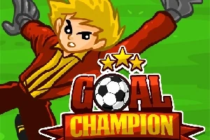 Tegnet figur med blondt hår og rød drakt beskytter et mål, med teksten Goal Champion og stjerner over