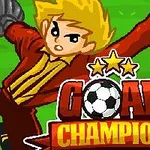 Tegnet figur med blondt hår og rød drakt beskytter et mål, med teksten Goal Champion og stjerner over