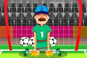 En tegnet person med en blå caps og grønn drakt står foran et mål med fotballer i bakgrunnen