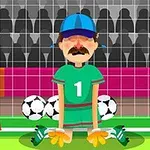En tegnet person med en blå caps og grønn drakt står foran et mål med fotballer i bakgrunnen