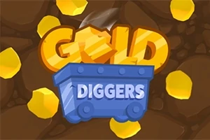 En tegnet illustrasjon med en blå gruvevogn og ordet GOLD i gule bokstaver omgitt av gullklumper