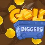 En tegnet illustrasjon med en blå gruvevogn og ordet GOLD i gule bokstaver omgitt av gullklumper