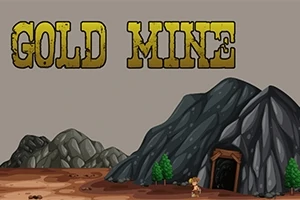 Store grå fjell med en gruveinngang, trær foran og teksten Gold Mine øverst mot en grå bakgrunn