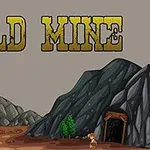 Store grå fjell med en gruveinngang, trær foran og teksten Gold Mine øverst mot en grå bakgrunn