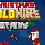 Piksellert julenisse ved siden av stablede kuber med juletema, og teksten Christmas Goldmine Strike står i midten