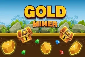 Tekst Gold Miner over bakken med gress, stener, to skattekister og fargede edelstener i jorden