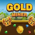 Tekst Gold Miner over bakken med gress, stener, to skattekister og fargede edelstener i jorden